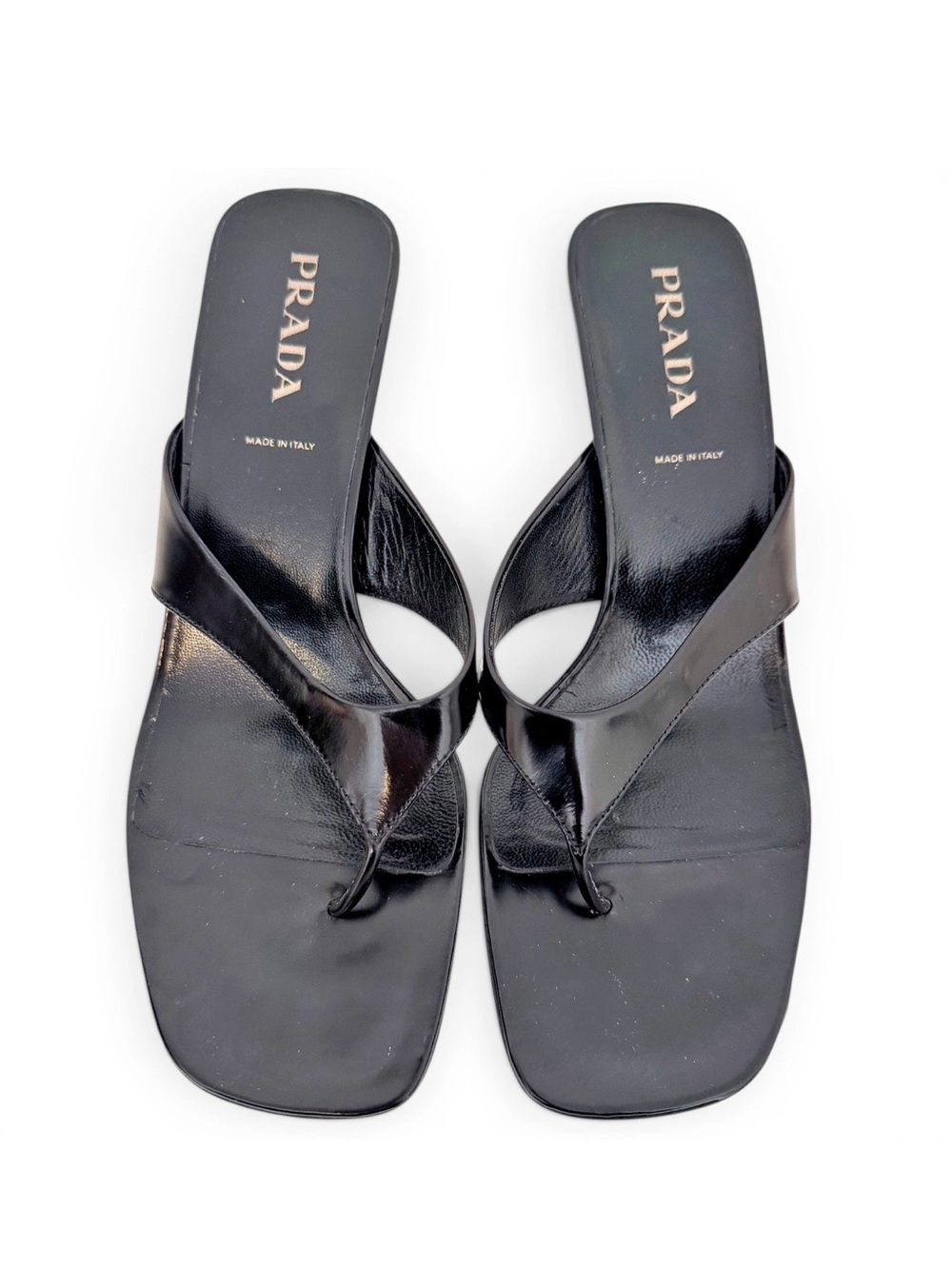 Prada EU 37 Logo Black Leather Thong Kitten Heel Mules Vintage Shoes Authentic